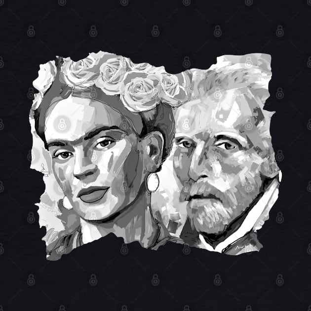 Frida Kahlo and Van Gogh Black and White 3 by mailsoncello